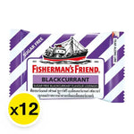 Fisherman's Friend sugar-free lozenges with blackcurrant flavor, in a clear package showing the lozenges and blackcurrant imagery.
