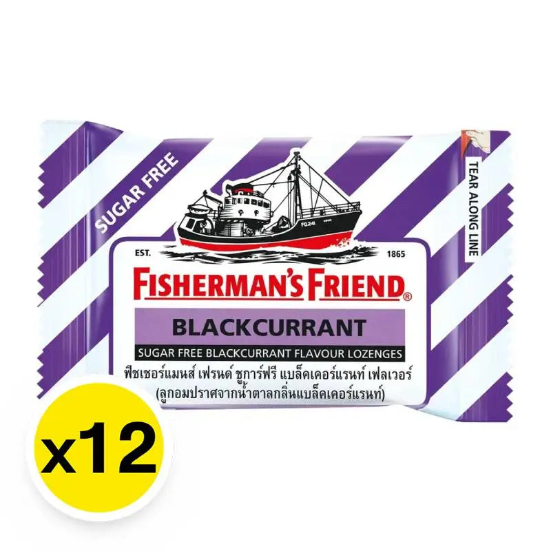 Fisherman's Friend sugar-free lozenges with blackcurrant flavor, in a clear package showing the lozenges and blackcurrant imagery.