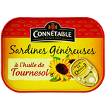 Canned Connetable sardines in sunflower oil packed in a metal tin, ready for grocery shopping or meal preparation.