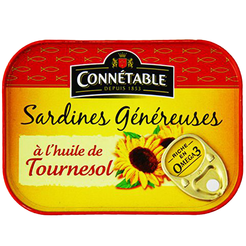 Canned Connetable sardines in sunflower oil packed in a metal tin, ready for grocery shopping or meal preparation.