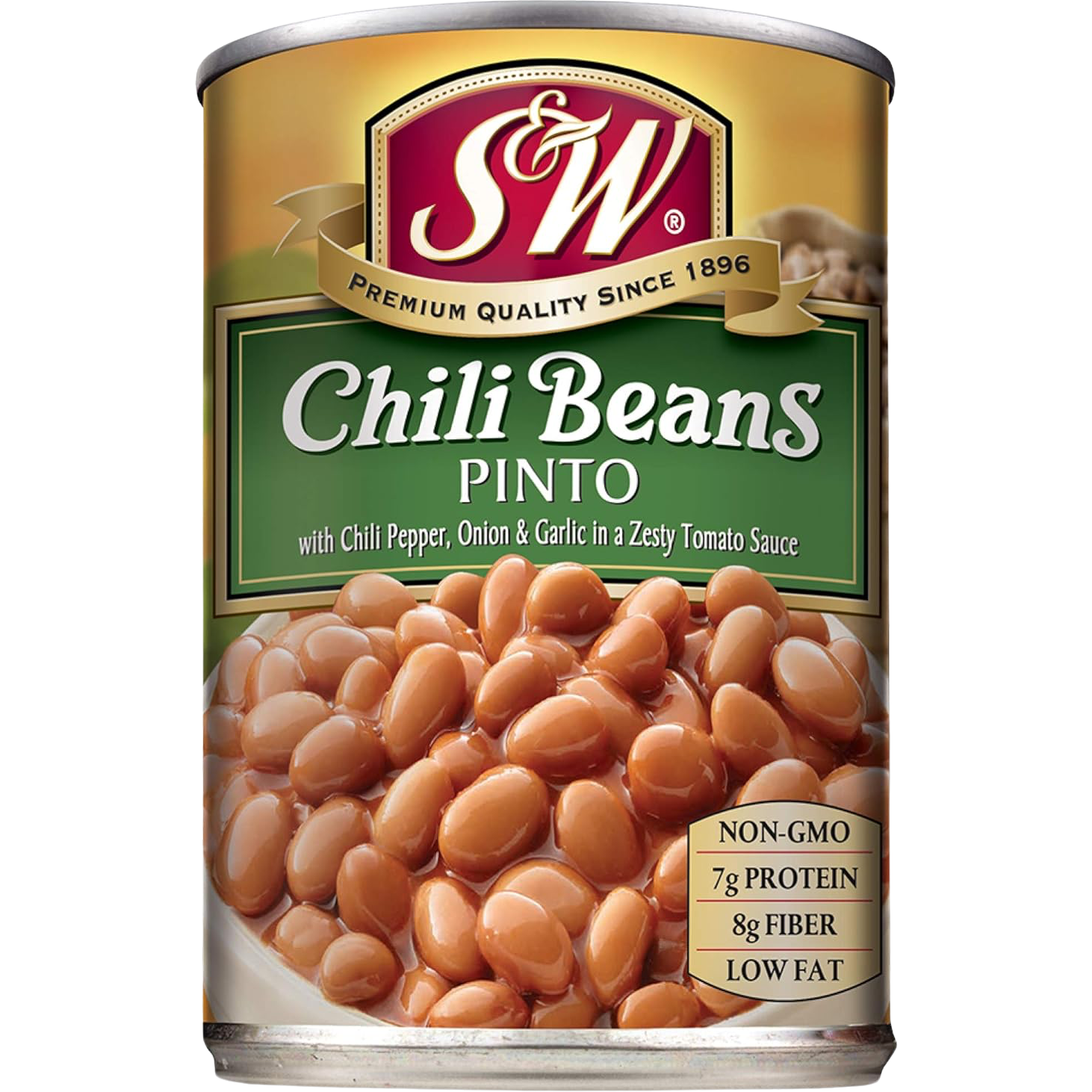 S&W Chilli Beans Pinto in a can, ready for cooking or adding to dishes, with label showing product name and brand.
