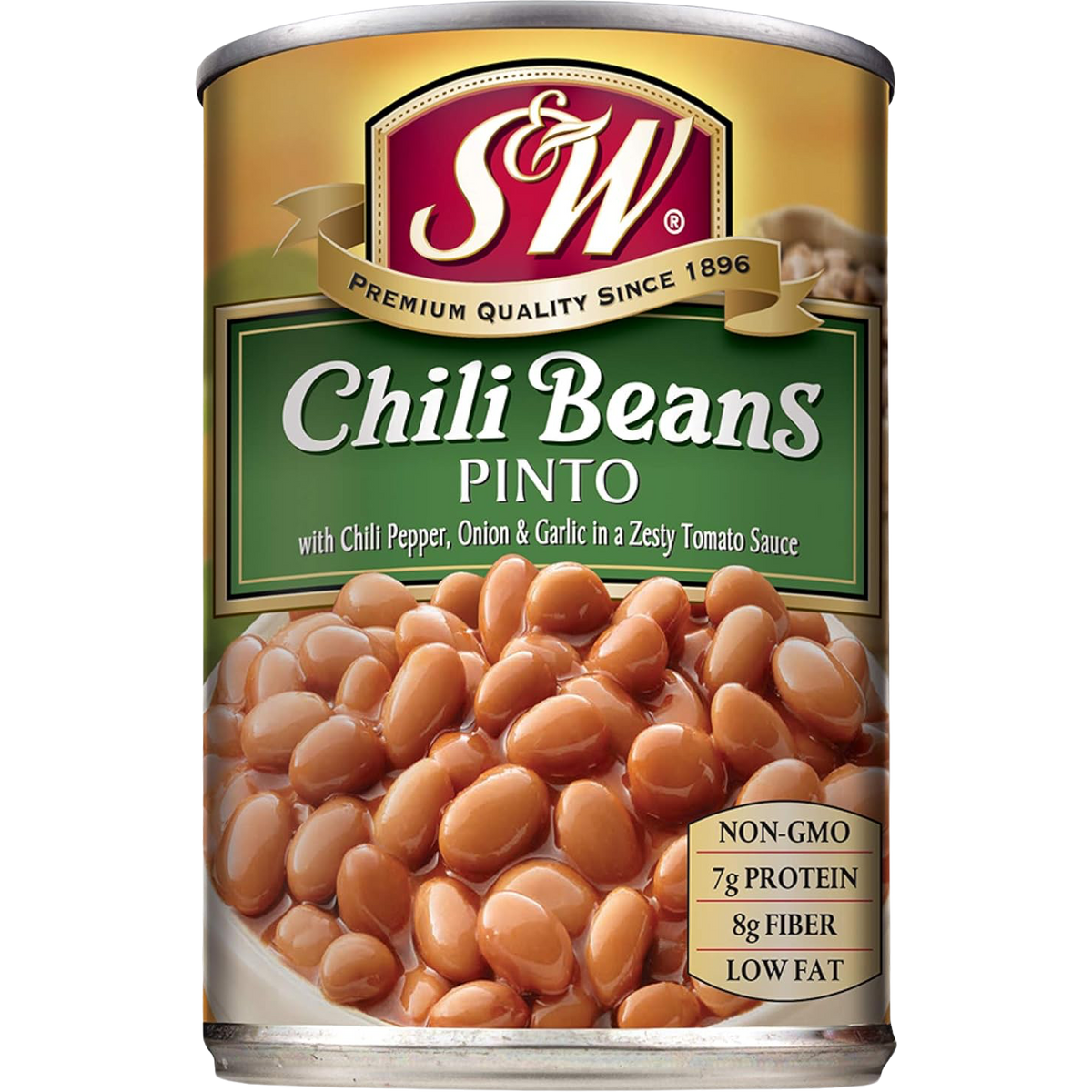 S&W Chilli Beans Pinto in a can, ready for cooking or adding to dishes, with label showing product name and brand.