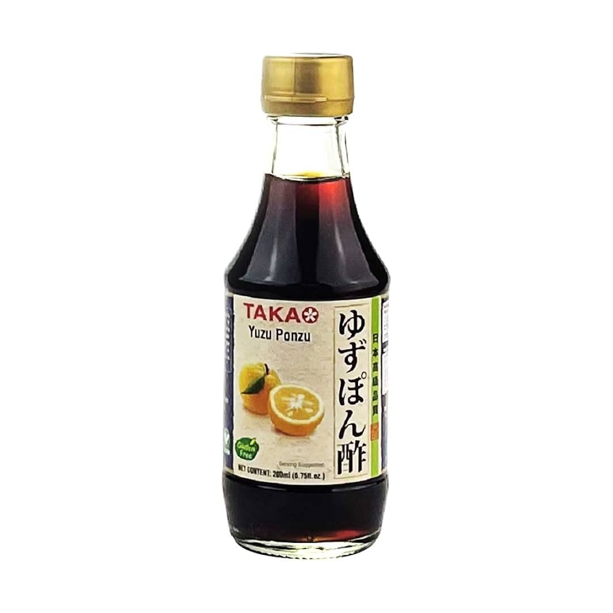 Bottle of Takao Yuzu Ponzu Sauce with citrus and soy ingredients, ideal for Japanese cuisine and dressing.