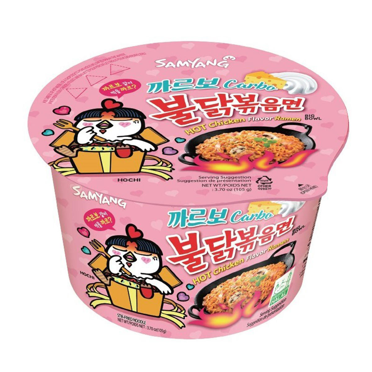 Samyang Carbonara Big Bowl, a grocery product, featuring a large bowl of creamy carbonara pasta with visible cheese and bacon bits.