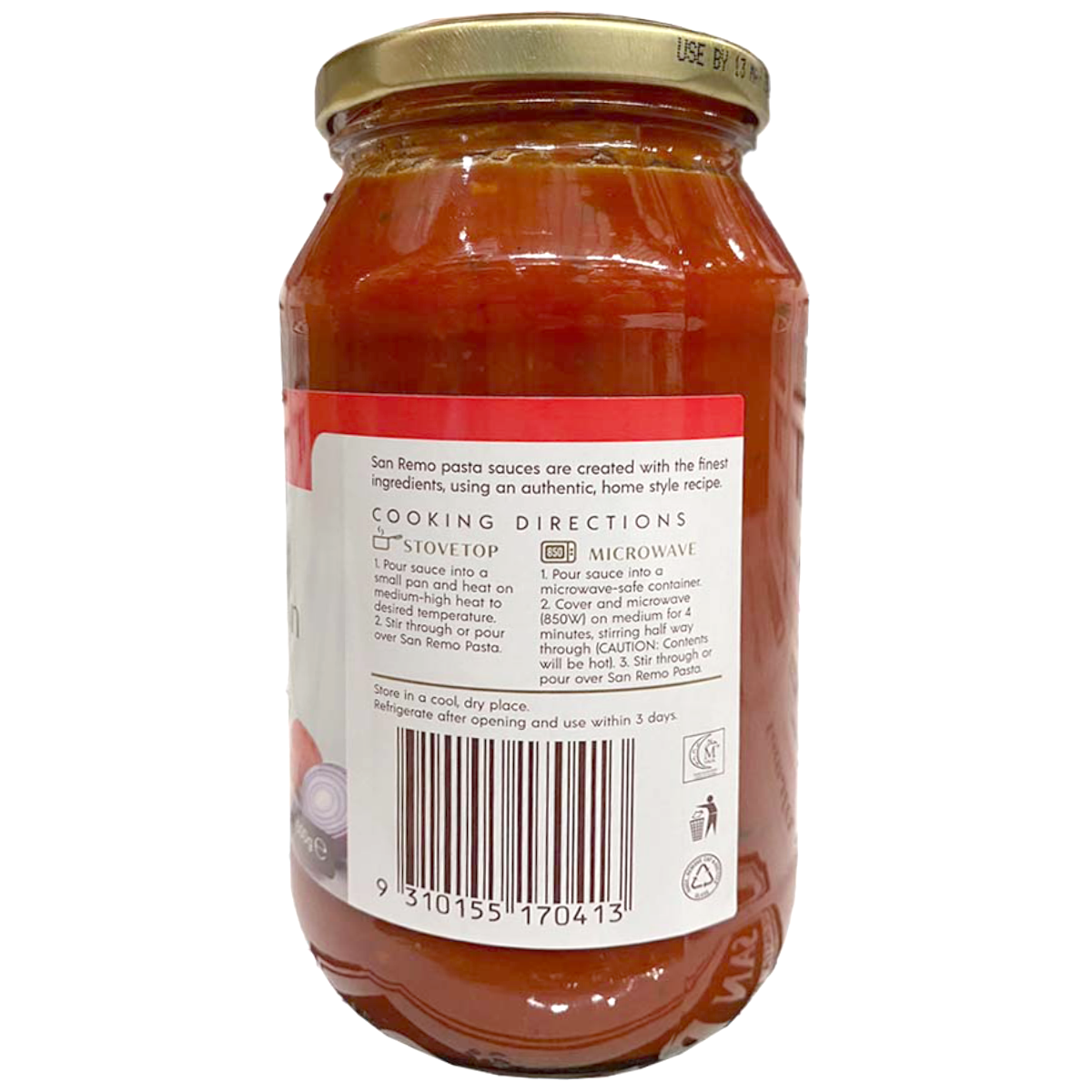 San Remo Tomato Onion Garlic Pasta Sauce jar with label, showing fresh ingredients and vibrant packaging.