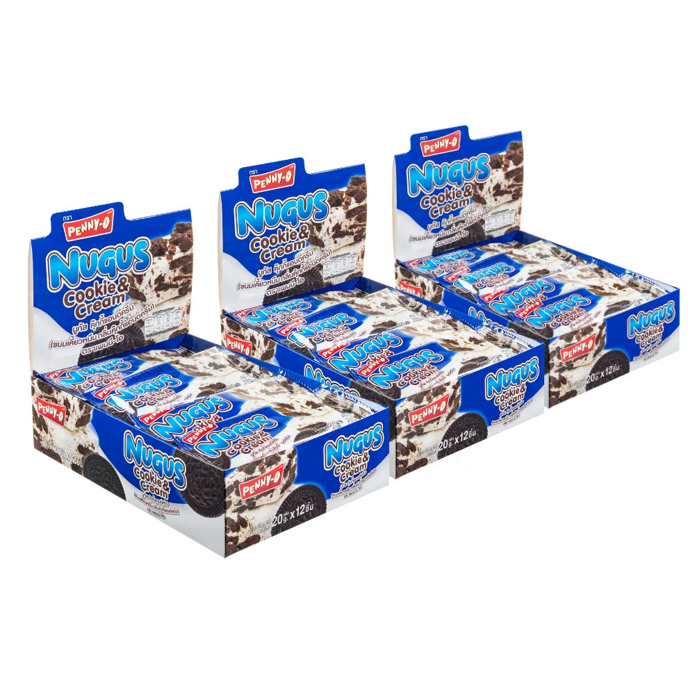 Pennyo Nugus Cookie & Cream flavor snack packs, 12 pieces of crunchy confectionery in a dry grocery snack assortment.