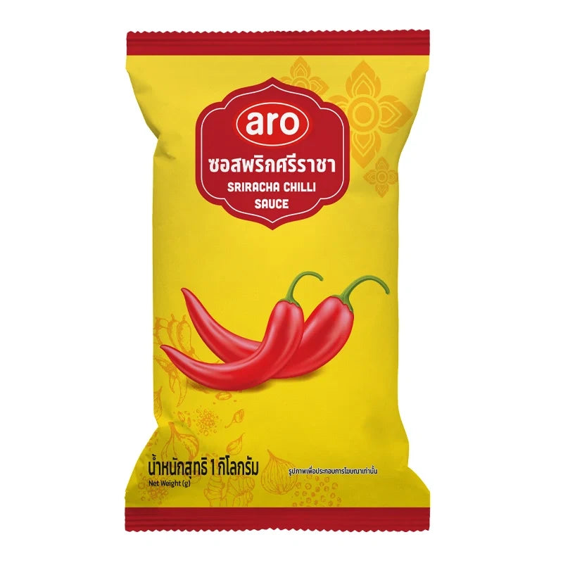 Aro Sriracha Chili Sauce 1kg bottle, spicy Thai-style chili sauce in a clear plastic container, ideal for cooking and dipping.