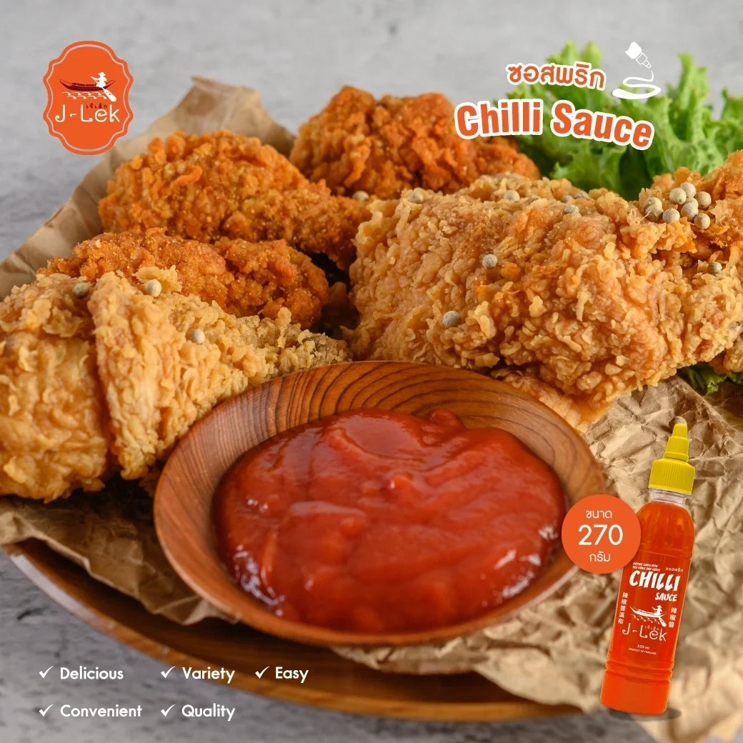 J-LEK Jae Lek Chili Sauce bottle, 235g, in clear packaging, featuring vibrant red chili sauce for spicy flavor in dry grocery.