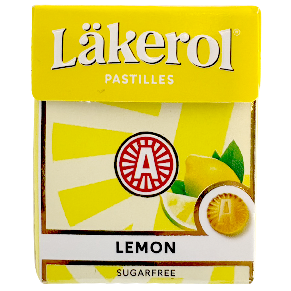 Lakerol Lemon flavor confectionery snack in a clear package with lemon candies visible inside.