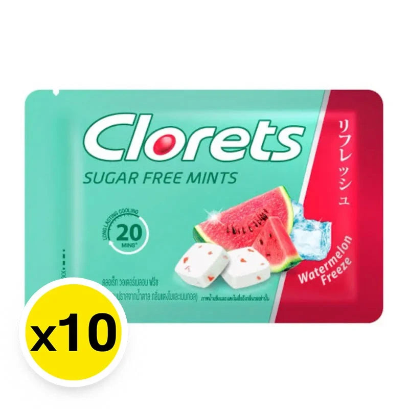 Clorets Sugar Free Watermelon and Menthol Tablets in a 15.4g pack, dry grocery snack, featuring vibrant watermelon and mint flavor.