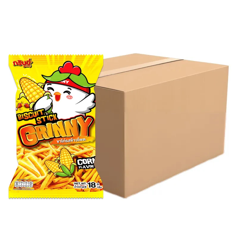 GRINNY Biscuit Stick with Corn Flavour, 18g snack, dry grocery confectionery, crispy biscuit snack in colorful packaging