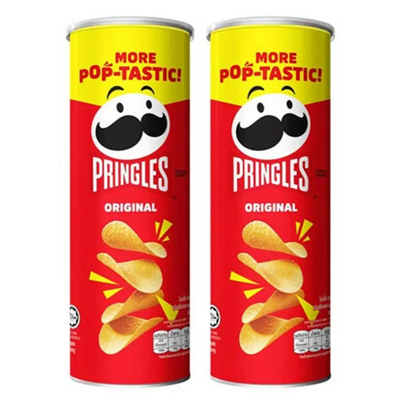 Two 102g cans of PRINGLES potato chips in their original packaging, perfect for snack time.