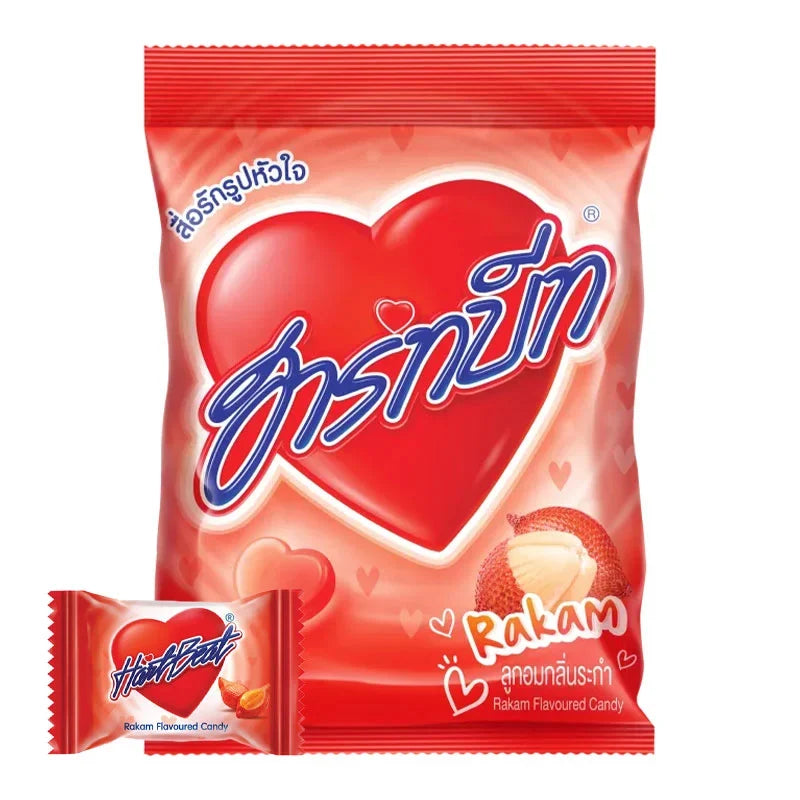 HARTBEAT Hartbeat Candy Rakam flavor dry snack, colorful confectionery in a clear package with vibrant candy pieces inside.