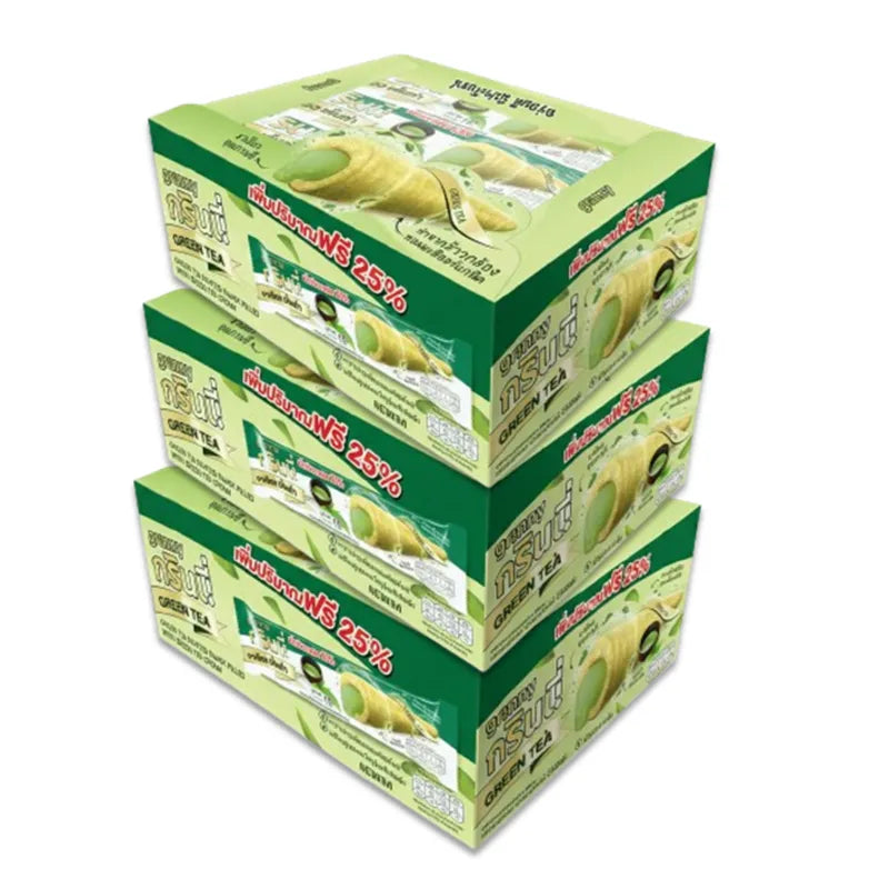 GRINNY Green TEA coated snack filled with cream, 15g x 3, dry grocery confectionery snack with green tea flavor and creamy filling