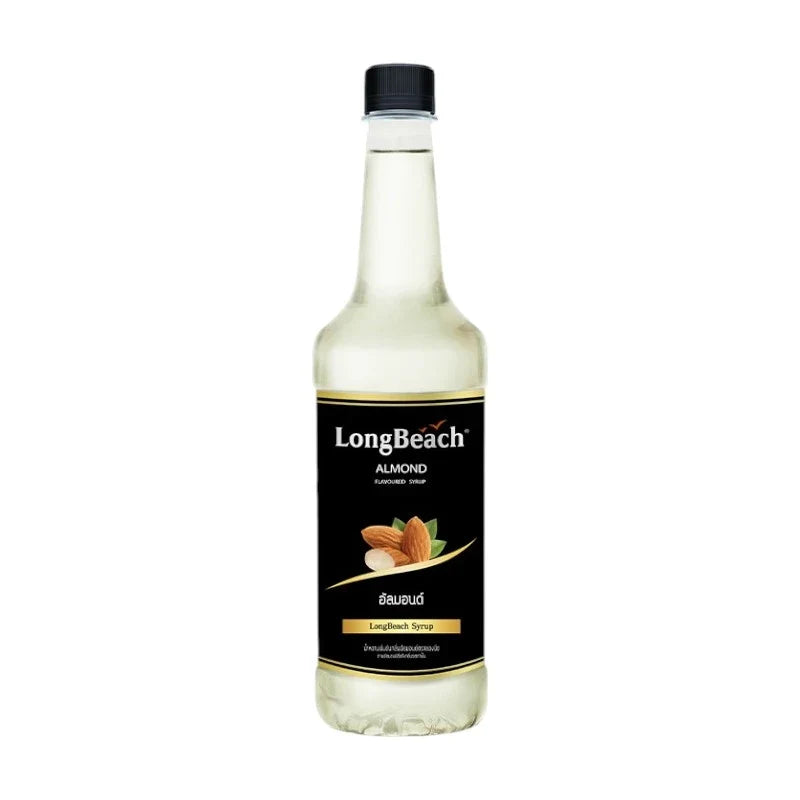 LongBeach Almond Syrup bottle from dry grocery aisle, clear container with almond syrup, white cap, and label featuring almonds.