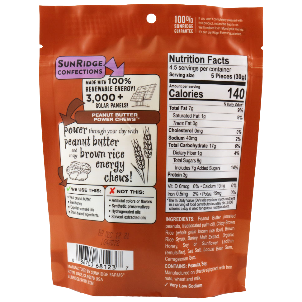 Sunridge Farms Peanut Butter Power Chews, confectionery snacks with a peanut butter flavor, shown in colorful packaging.
