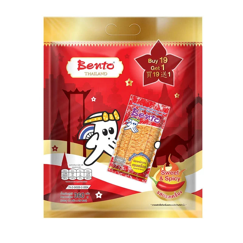 BENTO Squid Snack Tong Krieng 18g in a clear plastic package, dry grocery snack with dried squid pieces for convenient snacking.