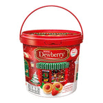 Dewberry Strawberry Bucket 432g of dried strawberries, a snack and confectionery from Dewberry in a red plastic bucket.