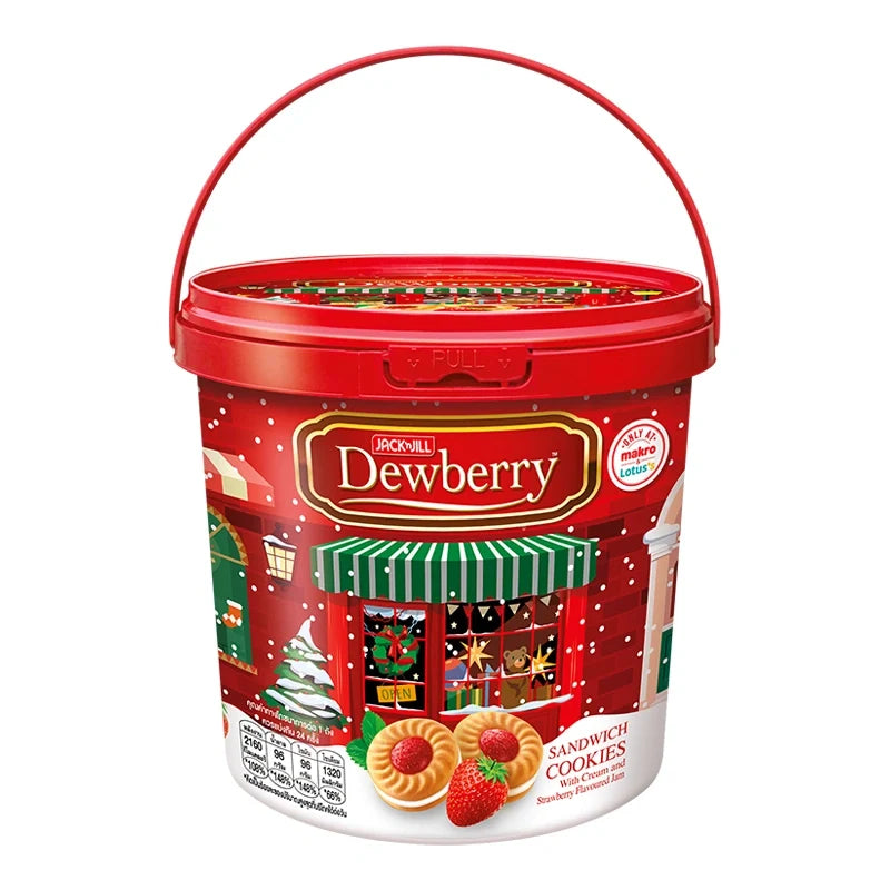 Dewberry Strawberry Bucket 432g of dried strawberries, a snack and confectionery from Dewberry in a red plastic bucket.