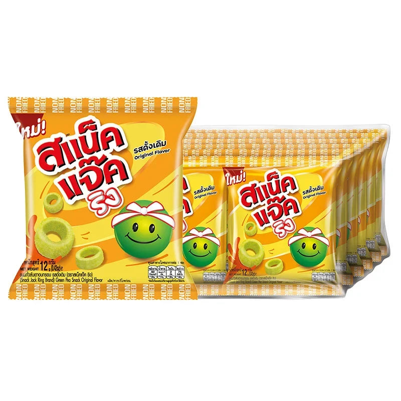 Snack Jack Green Pea Rings, 12g x12 pack of crispy green pea snack rings from Snack Jack, ideal for dry grocery snack selection.
