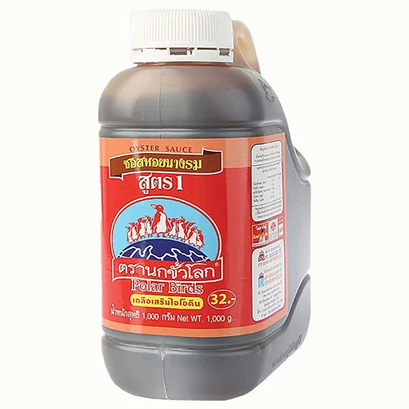 Polar Birds Oyster Sauce Recipe 1kg in a clear jar, showcasing the rich, dark oyster sauce inside, ideal for Asian cooking.