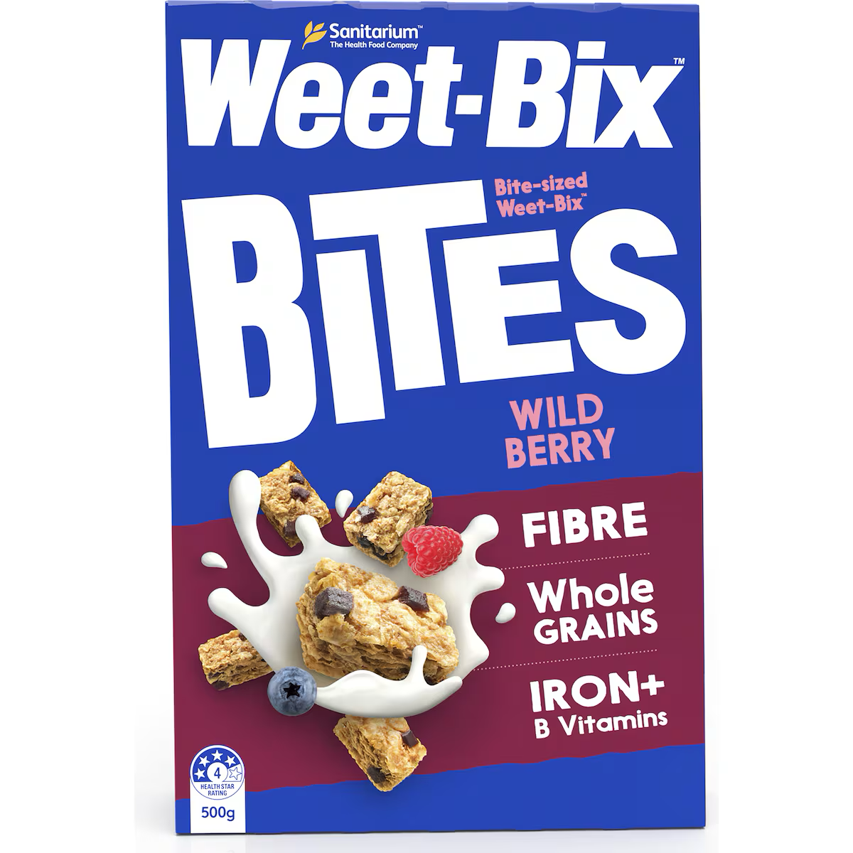 Sanitarium Weet Bix Bites Wild Berry breakfast cereal in a bowl with berries and grains, ready to serve.