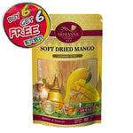 SRIWANNA soft dried mango in a clear package, showcasing golden, chewy mango slices for healthy snacking.