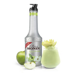 Bottle of MONIN Granny Smith Apple fruit mix in 1000ml size, used for dry grocery and flavoring beverages or desserts.