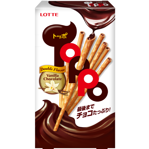 Lotte Toppo Chocolate confectionery snack with biscuit sticks coated in smooth chocolate, displayed in a clear package.