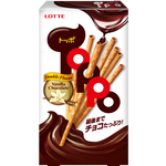 Lotte Toppo Chocolate confectionery snack with biscuit sticks coated in smooth chocolate, displayed in a clear package.