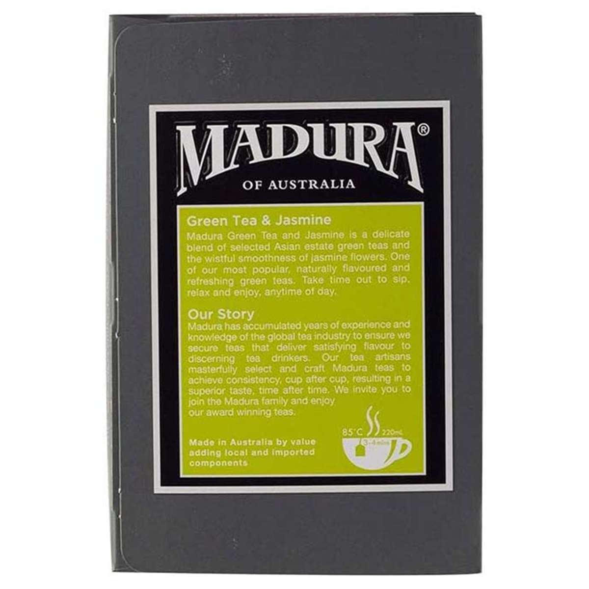 Madura green tea and jasmine tea bags in a box, showcasing the tea packaging and branding.