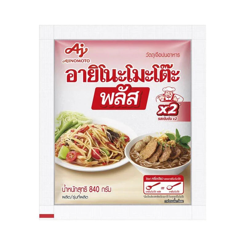 AJINOMOTO Plus MSG 840g dry grocery product, showing a clear image of the packaged seasoning in a resealable container.