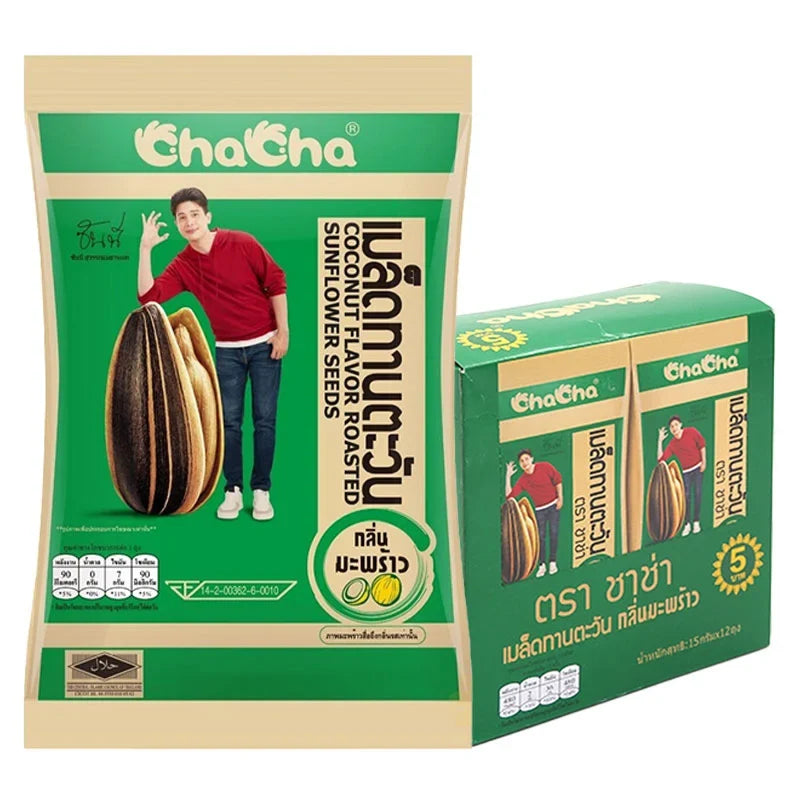 Chacha Sunflower Seeds Coconut 15g bag, dry grocery snack with sunflower seeds and coconut flavor, on a white background.
