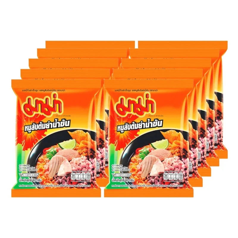 Mama Minced Pork Flavored Noodles with thick Tom Yum soup packets, dry grocery, ready-to-cook Thai-style noodle set