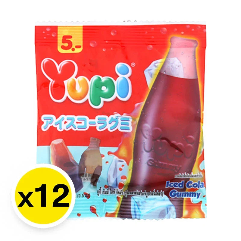 YUPI Yupi Gummy Ice Cola snack pack with 12 small 15g bags of cola-flavored gummy candies arranged in a display
