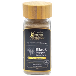 Happy Mate black pepper powder in a clear jar, showing the dark finely ground spice for cooking and seasoning.