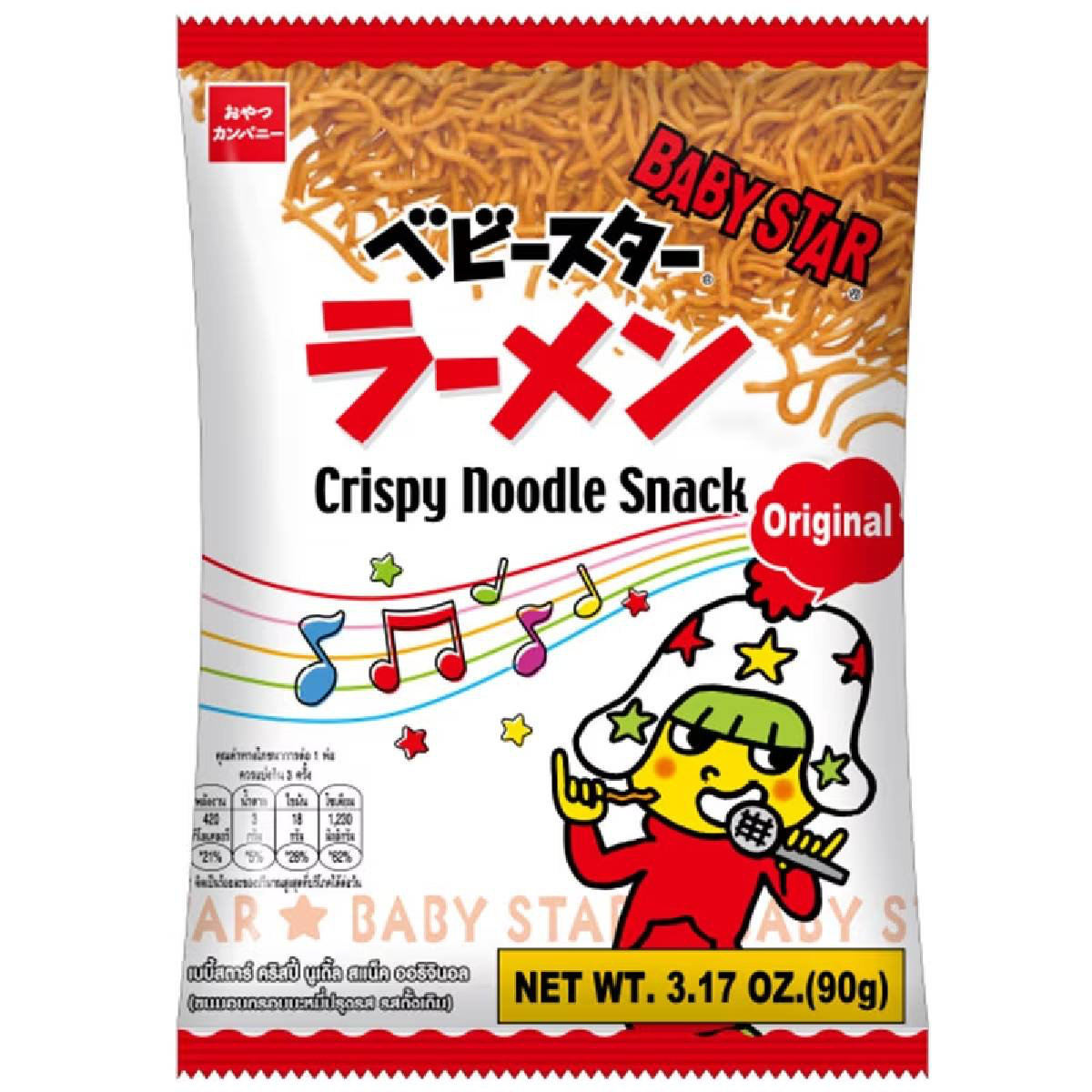 Baby Star Noodle Original confectionery snack with crispy, flavored noodles in a colorful package.