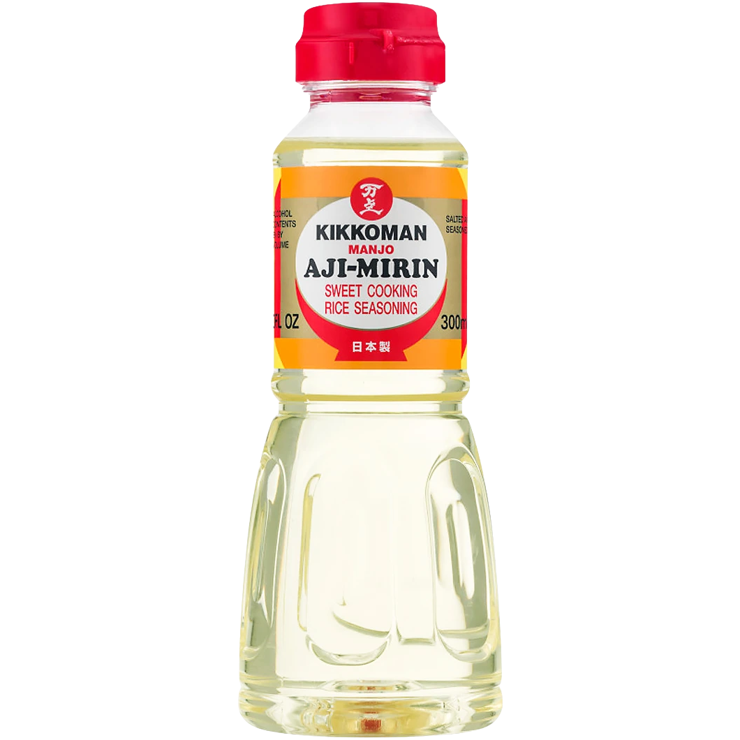 Bottle of Kikkoman Aji Mirin, sweet cooking rice wine, with label clearly visible, used in Japanese cuisine.