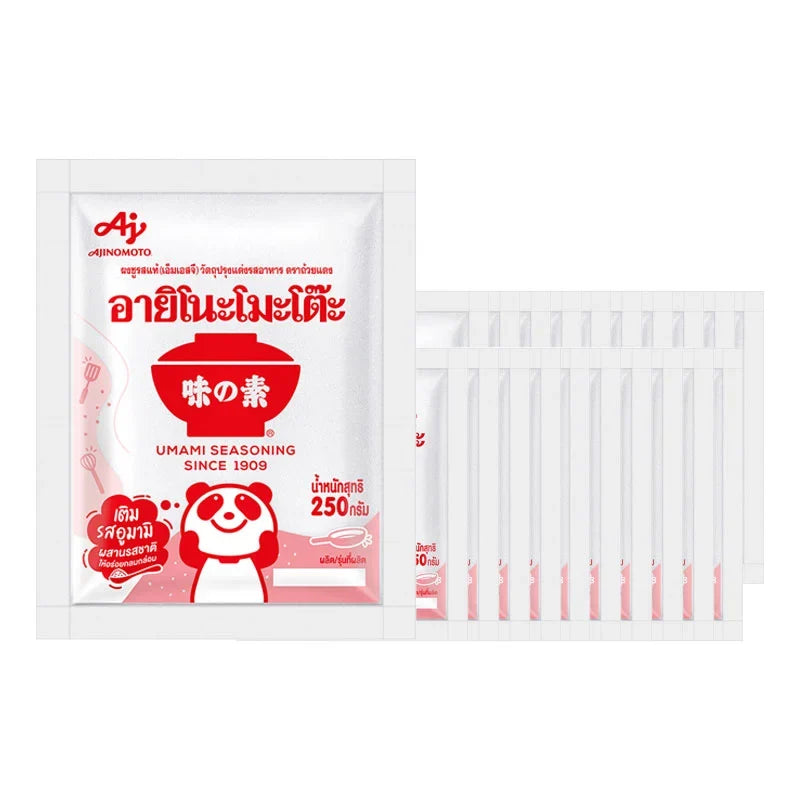 AJINOMOTO MSG 250g package, dry grocery seasoning, close-up of the Ajinomoto brand dry seasoning product.