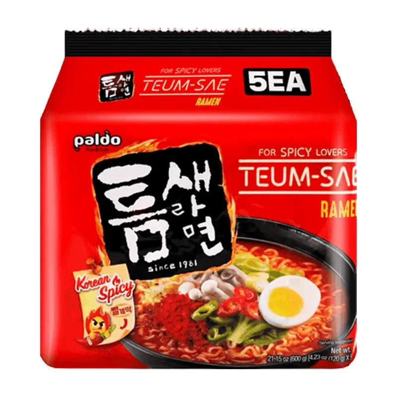 Paldo Teum-Sae Korean spicy instant noodles in 120g packs, dry grocery product with vibrant noodle and seasoning images.
