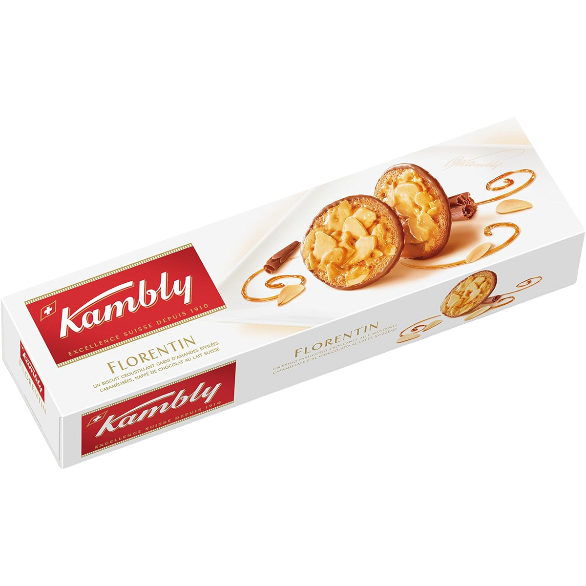 Kambly Florentin sliced almond confectionery snack with caramelized almonds and honey on a wooden surface