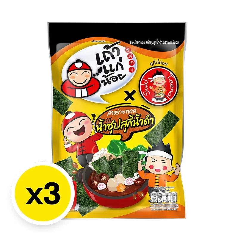 Taokaenoi Fried Seaweed Sukiyaki Soup snack packs, dried seaweed snacks in 20g x 3 pack, in colorful packaging.