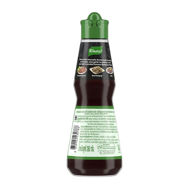 Knorr Korean Barbeque Sauce 260g bottle, dry grocery product with a dark soy-based sauce, labeled with Korean-inspired design.