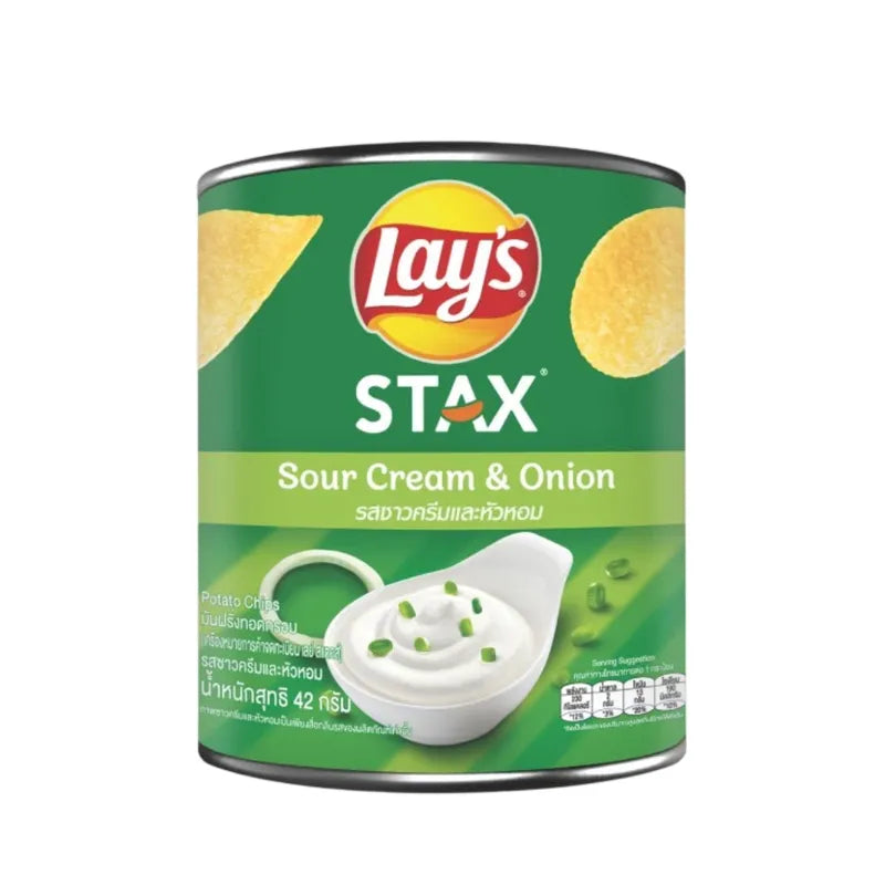 LAYS STAX Sour Cream and Onion snack pack, 42g, showing crispy potato chips with sour cream and onion flavor in a snack container.