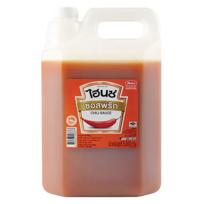 Heinz Chilli Sauce 5kg jar, dry grocery product, featuring a red chili sauce with a smooth texture and Heinz branding on the label.