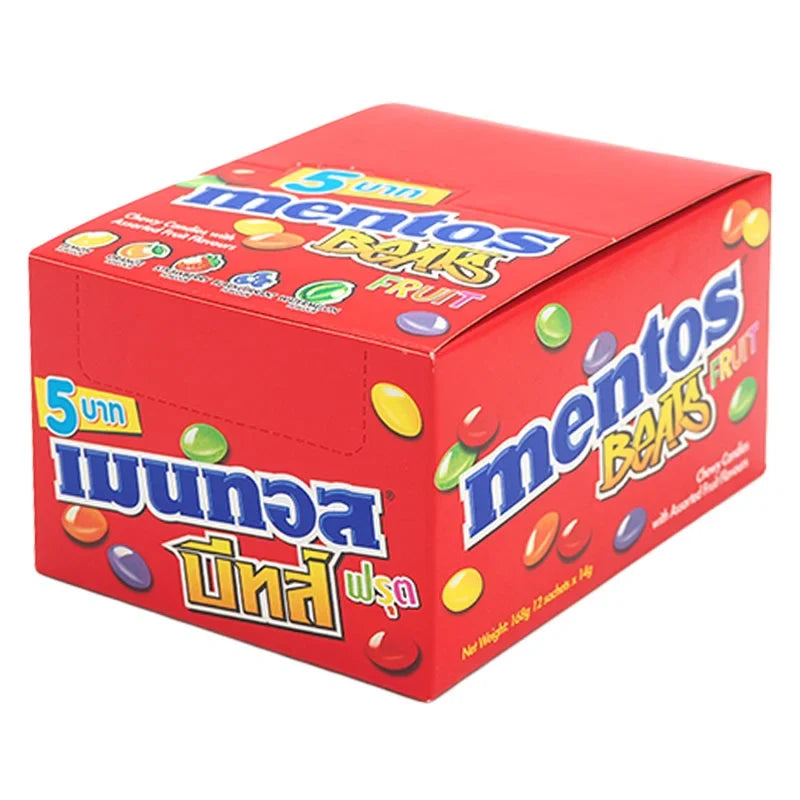 Mentos Candy 14g pack, bright packaging, showing colorful mints from the Mentos brand in a dry grocery setting.
