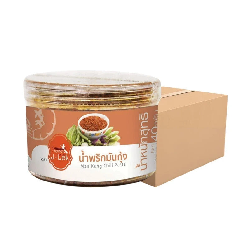 J-LEK Shrimp Oil Chili Paste jar, 40g, showing the small glass container with bright red chili and shrimp oil paste.
