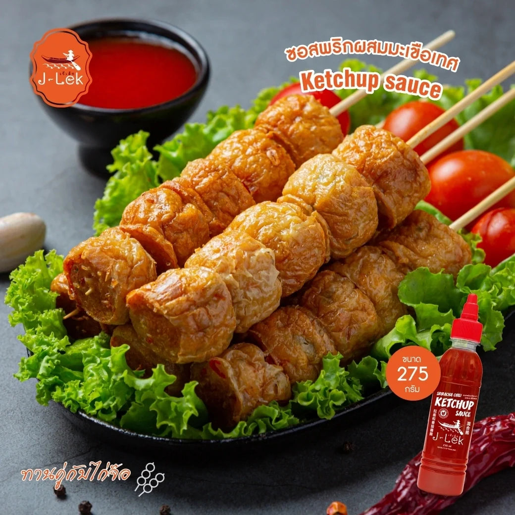 J-LEK Sriracha Chili Sauce with Tomato, 235g bottle, spicy dry grocery condiment in a clear glass bottle.
