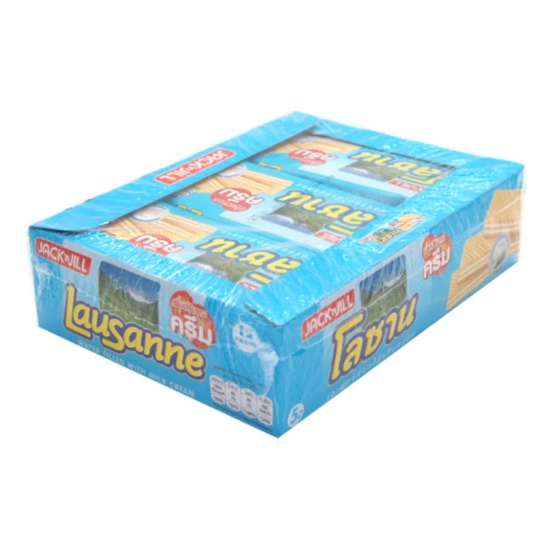 LAUSANNE Lausanne Jumbo Wafer Milk 28g, pack of 12, showing crispy milk-flavored wafer snacks in a box.