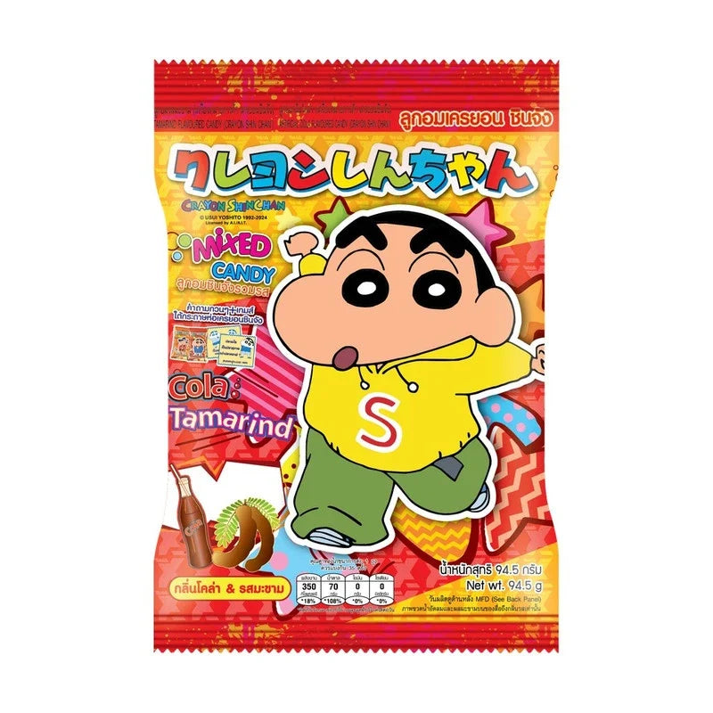 Shinchan Candy Mixed Flavor Cola Tamarind 94.5g pack with colorful candies and snack packaging, ideal for confectionery lovers.